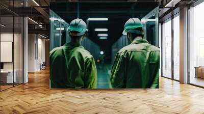 Two workers in uniform are standing in server room. Computer equipment and technical service personnel. Database storage. Long corridor with cabinets created with Generative AI Technology Wall mural