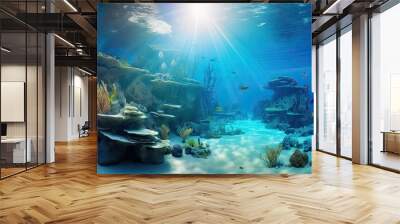 Underwater world, beautiful tropical marine landscape. Algae, rocks and coral reefs. Life in sea or ocean. Blue water with rays of sunlight. AI Generated Wall mural