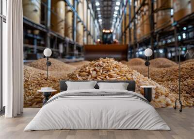 A bulldozer pushes a pile of dried grain inside a huge wheat storage warehouse Wall mural