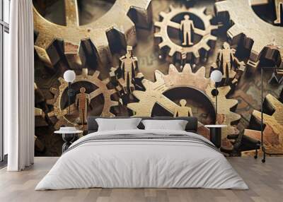 A conceptual art piece featuring gears containing people, representing the role of human capital in business operations Wall mural