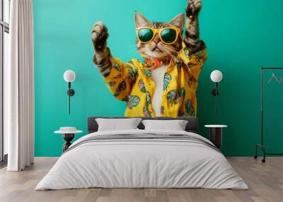 A playful cat in vibrant attire dances joyfully against a lively green backdrop Wall mural