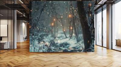 A tranquil winter forest with a flowing stream and soft light through snow-covered trees Wall mural