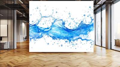 Abstract water splash on a white background featuring a vibrant blue wave and droplets Wall mural