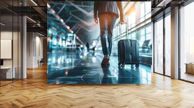 Businessperson at airport with a suitcase and international trade contract, business travel and international trade Wall mural