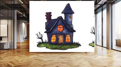 Cute Halloween haunted house clipart set on a white background perfect for spooky designs Wall mural