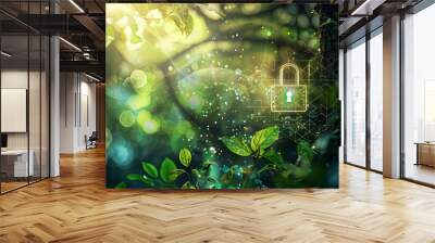 Cybersecurity and environmental conservation concept, featuring a hologram of a padlock icon at the center, with a background of nature and ecosystems Wall mural