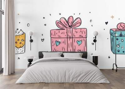 Doodle style birthday gift boxes with candles on a white isolated background Wall mural