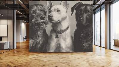 Engraved illustration of three distinct dog breeds from the 1800s depicting their unique features Wall mural