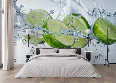 fresh sliced limes in flight in splash of water on white background, food levitation Wall mural