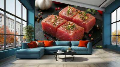 Fresh tuna fillets are arranged on a dark stone platter Wall mural