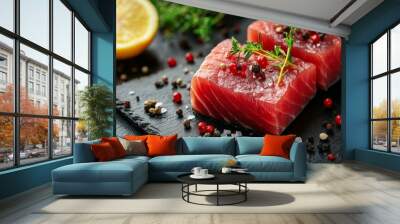 Freshly cut tuna fillets with herbs and spices on a black slate surface with lemon Wall mural