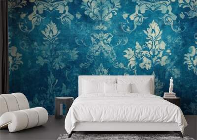 Ornate vintage blue floral pattern with detailed design and faded effect for timeless decor Wall mural