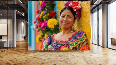 Portrait of a Mexican woman wearing a vibrant traditional outfit. Mexican Independence Day Wall mural