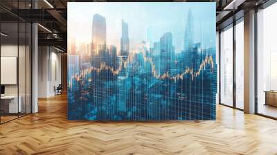 Stock market growth graph showcasing business buildings in a dynamic city setting at sunrise Wall mural