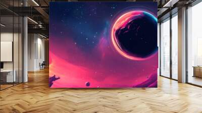 Stylized black hole poster featuring bold colors and retro sci-fi design with cosmic elements Wall mural