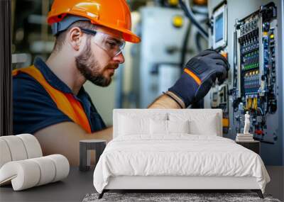 Technician in an orange hard hat works on electrical control panel in industrial setting Wall mural