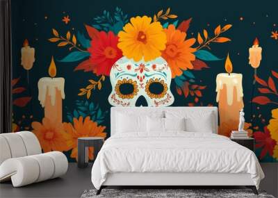 Vibrant Día de Muertos illustration featuring sugar skulls, marigold flowers, and festive candles Wall mural