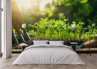 Vibrant microgreens thriving in sunlight with garden tools in organic soil Wall mural