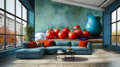 Vibrant still life of fresh tomatoes and a blue milk jug on a rustic table Wall mural