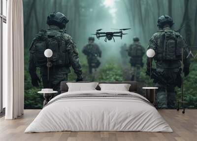 soldiers with a quadcopter in the foggy forest Wall mural