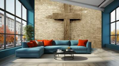 Wooden cross. Old wooden cross on an old wooden background. Sepia  Wall mural