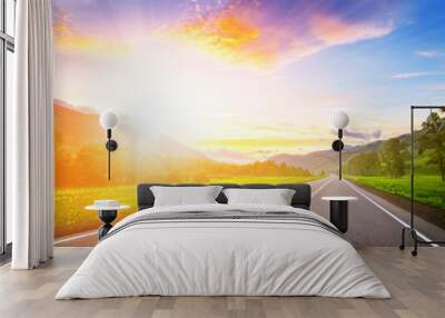 sunset road at mountains Wall mural