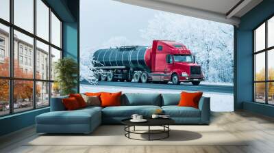 winter road transportation fuel tanker truck. Wall mural