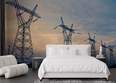 pylon and transmission power line in sunset Wall mural