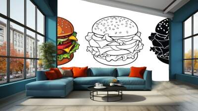 Burger vector illustration, outline, silhouette on white background Wall mural