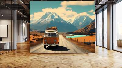 Rediscovering Adventure: Vintage Camper Van Parked on a Scenic Mountain Road Wall mural