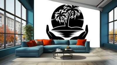 Two hand holding sea beach, palm tree ,sunset, Bird fly morning and evening scenery landscape vector icon. Black and white. Wall mural