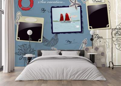 Scrapbookng poster with sea traveling elements. Wall mural