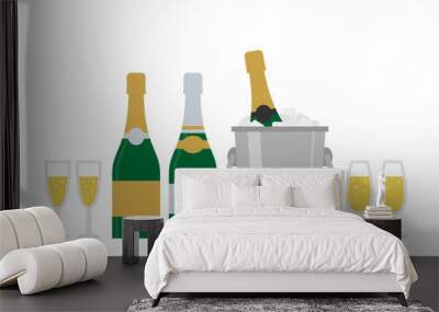 champagne bottles glasses metal bucket with ice on white background Wall mural