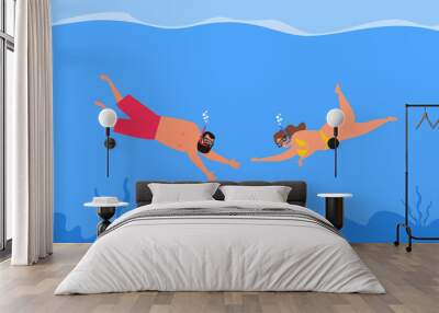 couple man and woman swimming  underwater snorkeling with diving mask vector illustration Wall mural