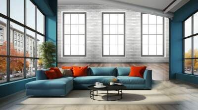 empty room interior design in loft style with wooden floor brick wall three windows Wall mural