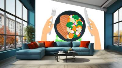 hands holding fork and knife  grilled chicken breast healthy salad with broccoli cauliflower carrot radish red onion on plate top view vector illustration Wall mural