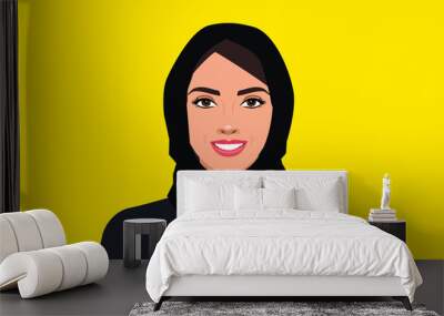 happy smiling arab woman wearing hijab on yellow background vector illustration Wall mural