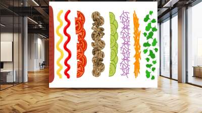 hot dog ingredients bun sausage mustard ketchup tomatoes mushrooms pickles onion carrot parsley vector illustration Wall mural