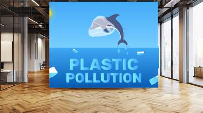 stop plastic pollution banner design.jumping dolphin from the water with plastic bag on head vector illustration Wall mural