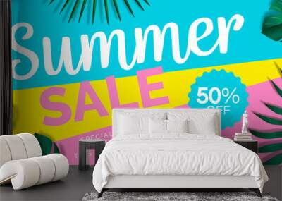 summer sale web  banner design with tropical leaves on geometric colorful background Wall mural