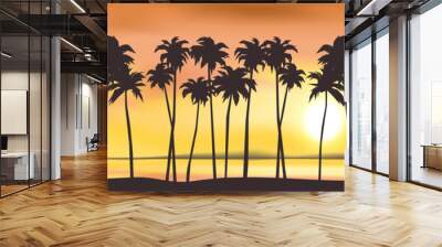 sunset on the beach palm trees  lifeguard tower ocean beautiful summer landscape panorama vector illustration Wall mural