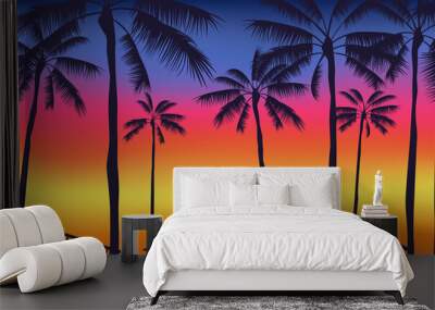 sunset on the beach palm trees  lifeguard tower umbrellas silhouettes  summer landscape panorama vector illustration Wall mural