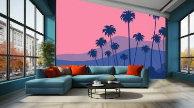 sunset on the protical beach palm trees mountains ocean beautiful summer landscape vector illustration Wall mural