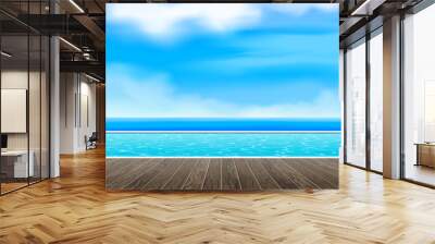 swimming pool  wooden deck ocean view tropical resort poolside summer vacation vector illustration Wall mural