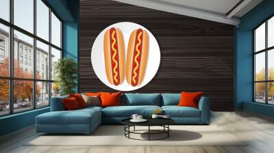 two delicious hot dogs on white plate on wooden background top view vector illustration Wall mural