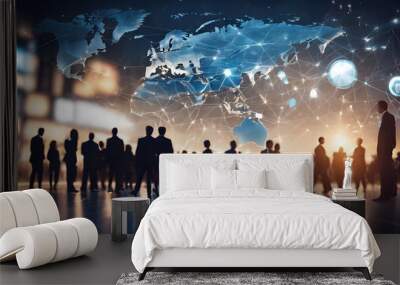 International business partnership. Business people standing silhouette on world map background, Global business concept. Global business concept, generative ai. Wall mural