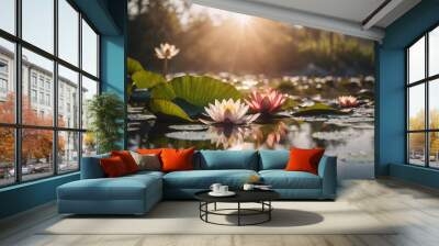 Lotus flower blooming on a tranquil pond. AI generated image, ai. Wall mural