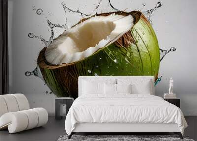 Close-up green coconut with coconut water splashing, isolated on a white background. Ai generative Wall mural