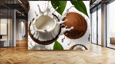 Coconut splash whit coconut milk isolated . Ai generative Wall mural