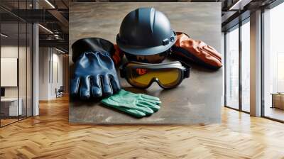 Protective Gear on Table Helmet Goggles and Gloves, Construction site health and safety concept. Ai generative Wall mural